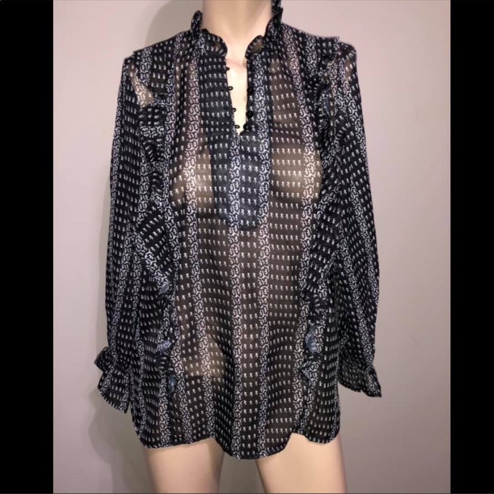 Women’s Black & White Sheer Ruffle Blouse.